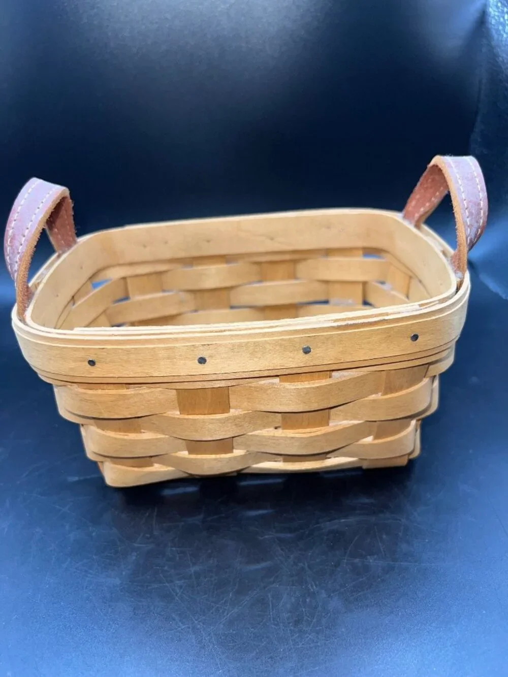Longaberger Handmade Basket Leather Handles 2003 Rustic Woven Wood USA Vintage